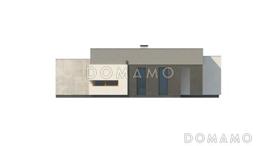 Проект современного одноэтажного дома из газобетона с плоской крышей с тремя спальнями, частично крытой террасой и одноместным гаражом / Фасад 2