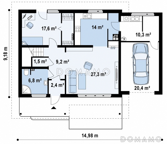 Проект одноэтажного мансардного дома из газобетона с террасой над гаражом  / План 1 этажа