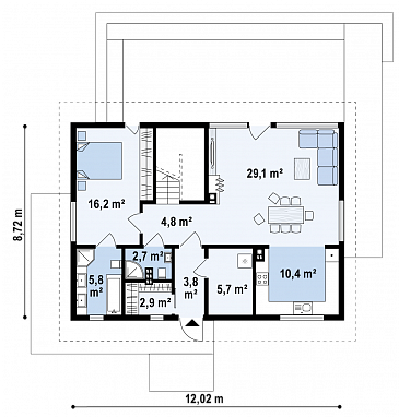 Проект одноэтажного мансардного дома из кирпича с четырьмя спальнями и панорамным остеклением гостиной / План 1 этажа