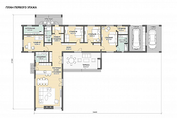 Проект кирпичного дома в скандинавском стиле с 3 спальнями, кабинетом и крытой террасой / План 1 этажа