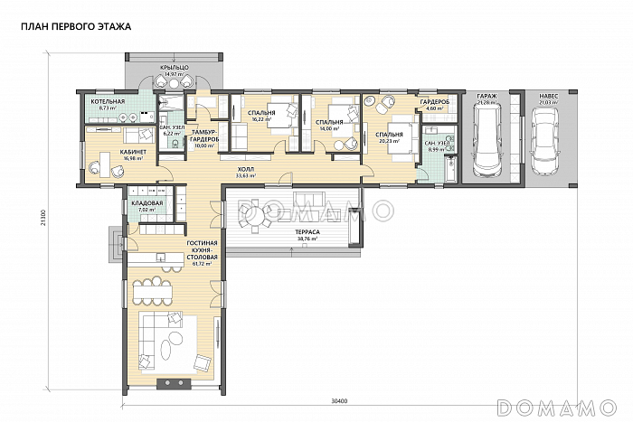 Проект кирпичного дома в скандинавском стиле с 3 спальнями, кабинетом и крытой террасой / План 1 этажа