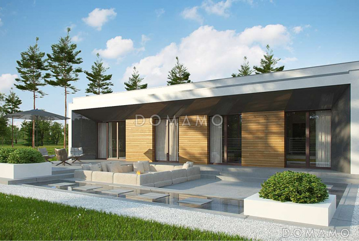 Проект современного одноэтажного углового дома из газобетона с плоской крышей, с тремя спальнями и двухместным гаражом 