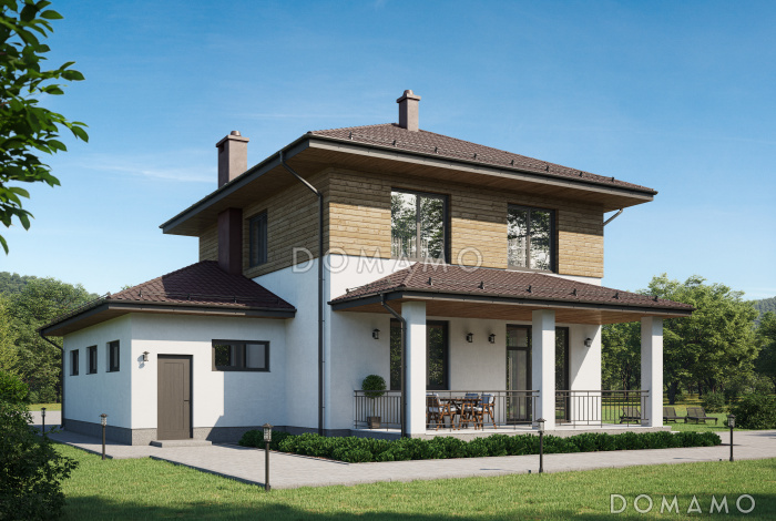 Проект двухэтажного дома с гаражом, террасой и тремя спальнями на втором этаже