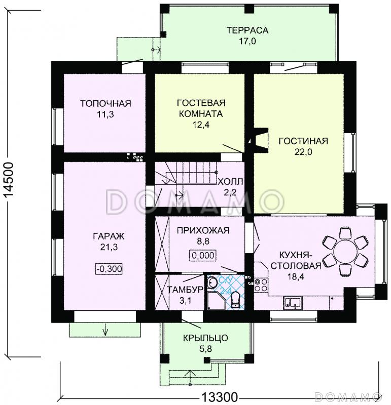 Проект дома из пеноблоков для постоянного проживания с гаражом для одной машины / План 1 этажа