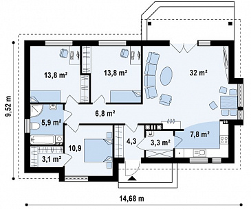 Проект одноэтажного дома из газобетона с современными фасадами и эркерами / План 1 этажа