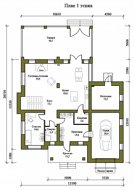 Проект двухэтажного дома с совмещенными гостиной, столовой, холлом и кухней / План 1 этажа