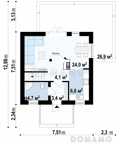 Проект компактного одноэтажного мансардного дома из кирпича с двумя спальнями для строительства на небольшом участке / План 1 этажа