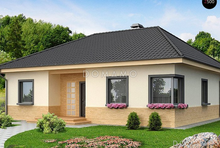 Проект одноэтажного дома с угловым окном на кухне, камином в гостиной, террасой, подвалом