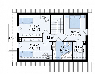 Проект одноэтажного мансардного дома из газобетона с кабинетом, тремя спальнями и хозяйской гардеробной / План мансардного этажа