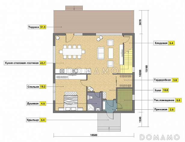 Проект дома из газобетона 10х10 с мансардой / План 1 этажа