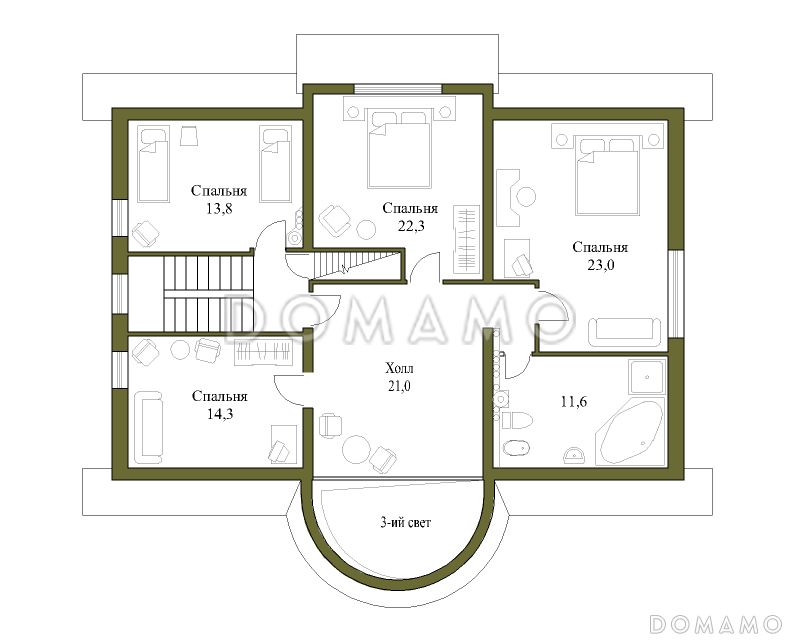 Проект трёхэтажного коттеджа с башенкой и пандусом / План мансардного этажа