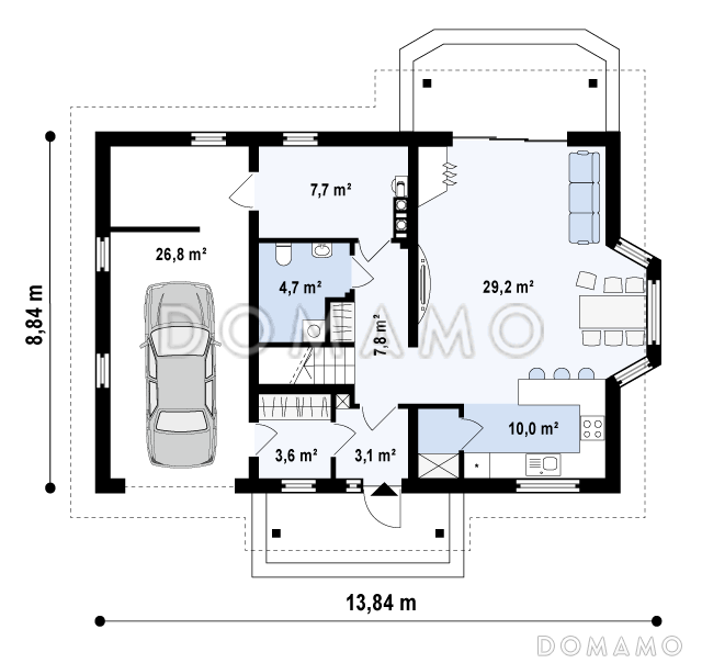 Проект одноэтажного мансардного дома из газобетона с эркером в столовой зоне и со встроенным гаражом / План 1 этажа