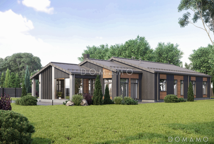 Проект дома с просторной гостиной-столовой, изолированной кухней, 4 спальнями и застекленной террасой