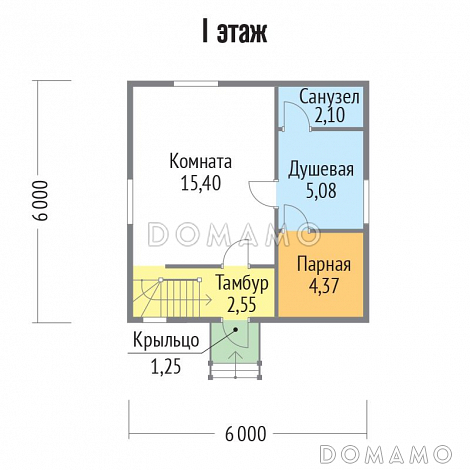 Проект каркасной бани 6х6 с мансардой / План 1 этажа