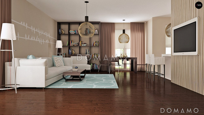 Проект квадратного одноэтажного дома из газобетона с четырьмя комнатами и гаражом для большой семьи