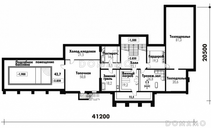 Проект классического дома с винным погребом, бассейном, тренажерным залом, бильярдной, сауной, турецкой и русской парной / План цокольного этажа