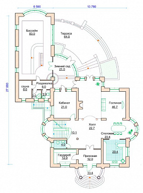 Проект коттеджа с двусветной гостиной, бассейном и зимним садом / План 1 этажа