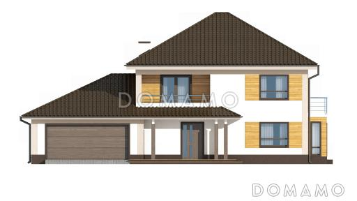 Проект двухэтажного дома из кирпича с эркером и балконом над ним, с тремя спальнями, кабинетом и двухместным гаражом / Фасад 1