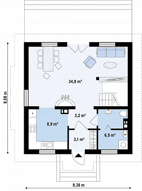 Проект одноэтажного мансардного дома из кирпича с тремя спальнями, балконом и красивыми мансардными окнами / План 1 этажа