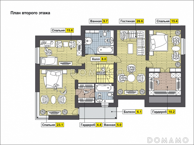 Частный дом с крытой террасой, гаражом на 1 машину, спальней на первом этаже, гостиной на первом и мансардном этаже / План мансардного этажа