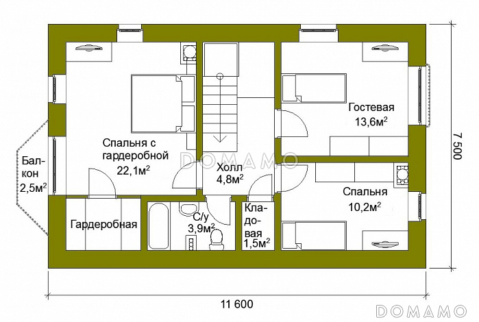Проект компактного коттеджа из SIP с двускатной кровлей / План мансардного этажа