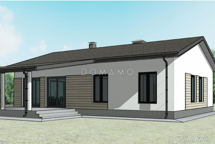 Проект одноэтажного загородного дома с тремя спальнями и большой гостиной с окнами в пол