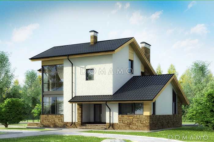 Проект дома с кухней-столовой с выходом на террасу, двумя спальнями на первом этаже, длинным балконом