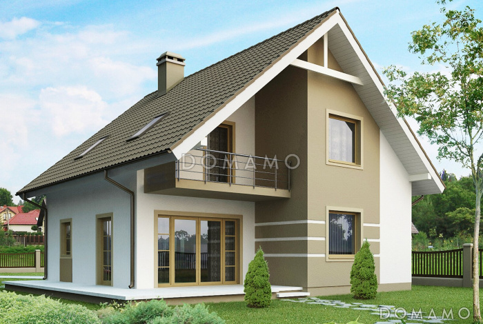 Проект загородного дома с камином, просторной гостиной, балконом, большой ванной с окном на мансарде