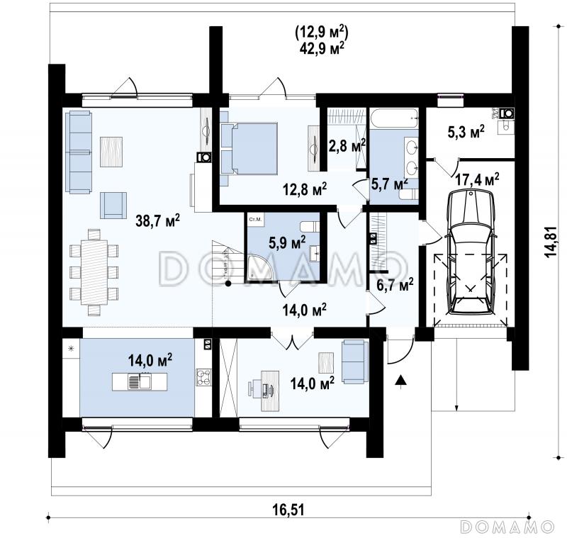 Проект современного одноэтажного мансардного дома с двухскатной крышей из газобетона с четырьмя комнатами и гаражом / План 1 этажа