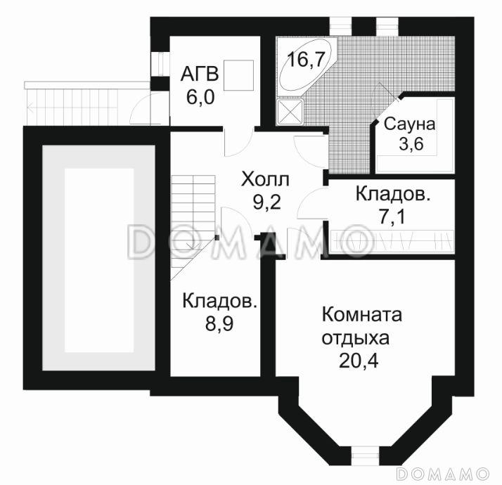 Проект четырехкомнатного коттеджа с гаражом на 1 машину / План цокольного этажа