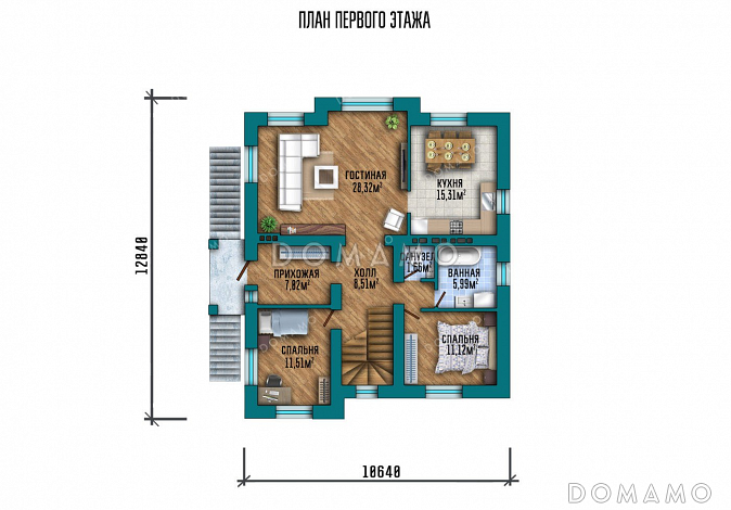 Проект дома с мансардой и шестью спальнями / План 1 этажа