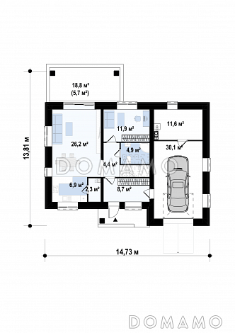 Проект двухэтажного дома из кирпича с гаражом, кабинетом, террасой / План 1 этажа