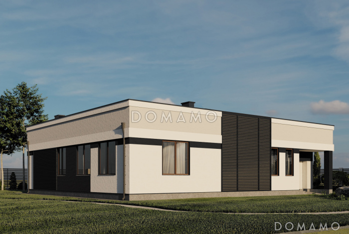 Проект одноэтажного каркасного дома в стиле хай-тек с внутренним двором, бильярдной, сауной и гаражом