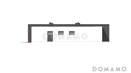Проект небольшого современного одноэтажного дома из кирпича с плоской крышей с тремя спальнями и гаражом / Фасад 2