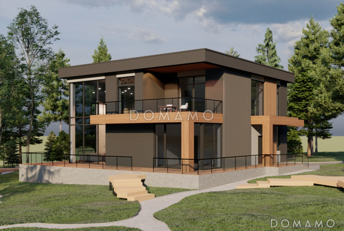 Проект двухэтажного газобетонного дома в стиле хай-тек с масштабным остеклением, вторым светом и спортзалом