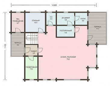 Проект деревянного дома из клееного бруса с большой совмещенной гостиной с кухней / План 1 этажа