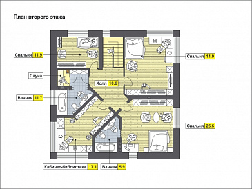 Проект двухэтажного квадратного дома с отрытой террасой, спальней на первом этаже, большой ванной / План 2 этажа