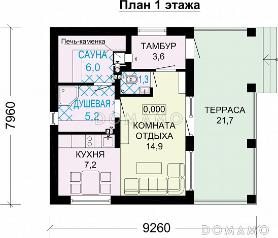 Проект гостевого дома из газобетона с сауной и комнатой отдыха / План 1 этажа