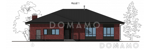 Проект одноэтажного дома с детскими комнатами, кабинетом, хозяйской спальней, террасой / Фасад 1