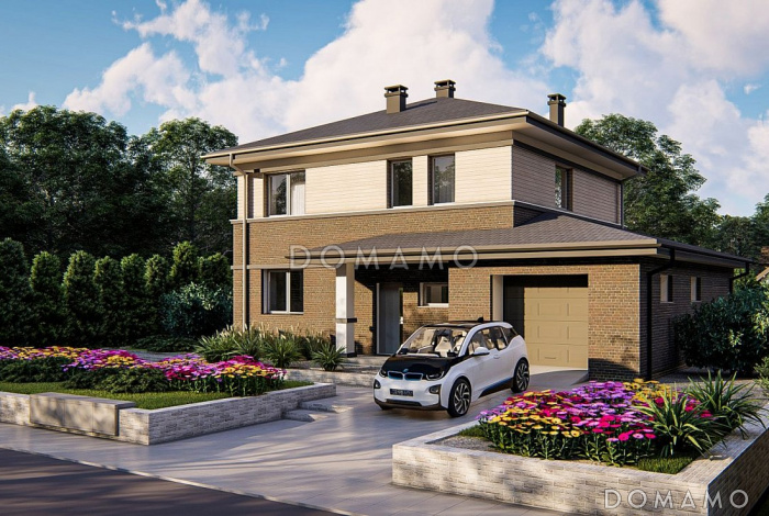 Проект дома с облицовкой первого этажа кирпичом, гаражом, гостиной с выходом на террасу