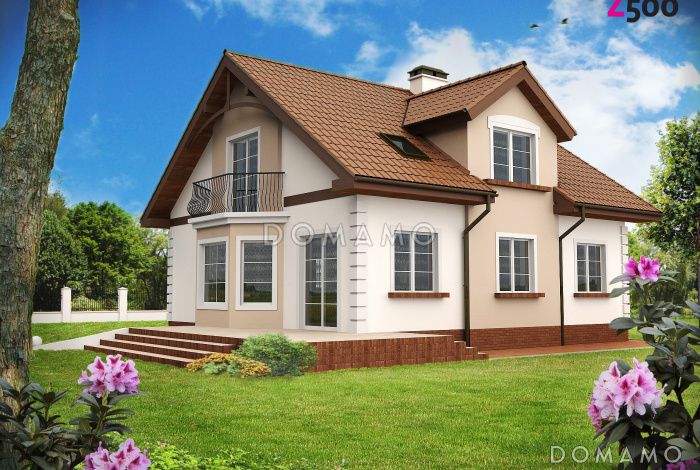 Проект одноэтажного мансардного дома из газобетона с кабинетом, эркером и балконом над ним