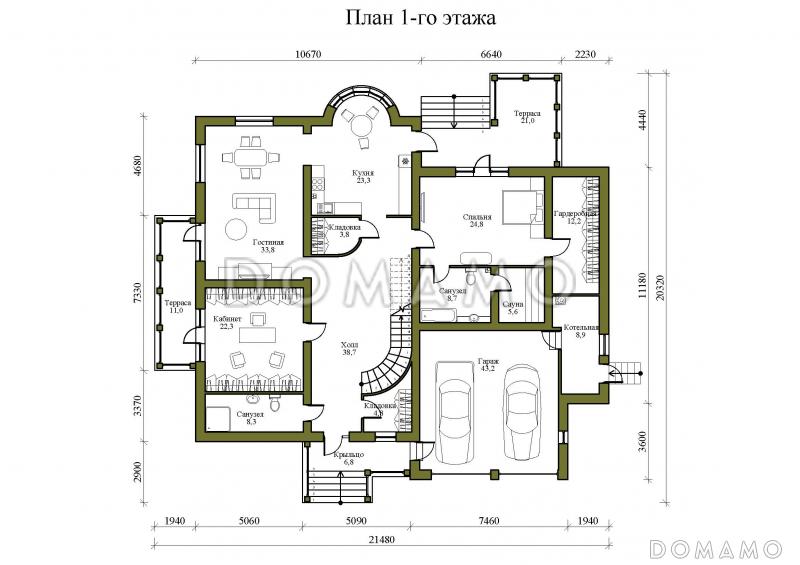 Проект просторного двухэтажного дома с эркером, двумя террасами и гаражом на 2 места / План 1 этажа