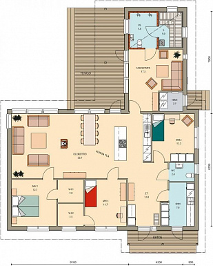 Проект каркасного дома с комнатой отдыха в зоне сауны / План 1 этажа