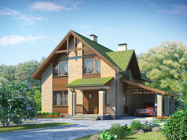Проект дома из газобетона с навесом для автомобиля