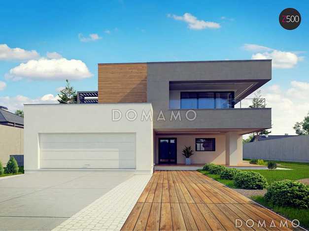 Проект большого современного двухэтажного дома из газобетона с большой площадью остекления, гаражом и просторными террасами на обоих уровнях