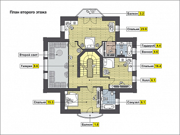 Проект дома с эркером, цокольным этажом с окнами, бассейном и сауной, вторым светом, спальней с балконом / План 2 этажа