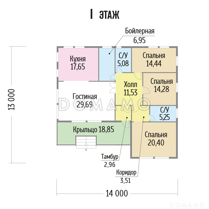Проект одноэтажного дома из клееного бруса с тремя спальнями / План 1 этажа