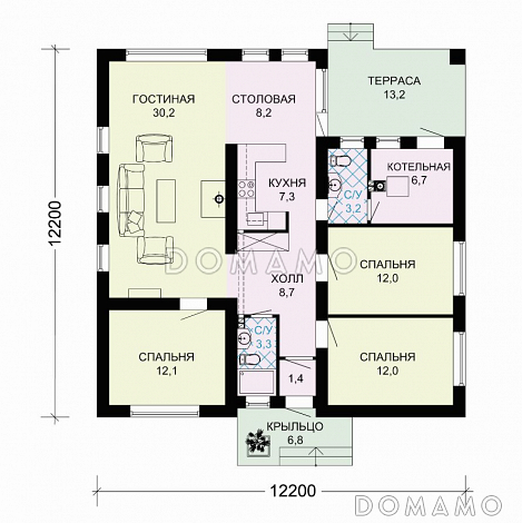 Проект одноэтажного дома из пенобетона с тремя спальнями и крытой террасой / План 1 этажа