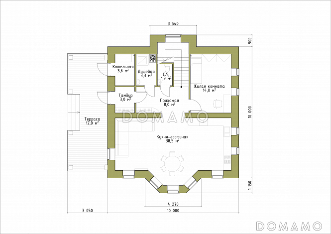 Проект классического коттеджа 10х10. / План 1 этажа