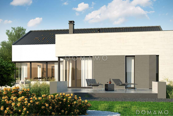 Проект комфортного одноэтажного дома из газобетона с гаражом и панорамным остеклением гостиной